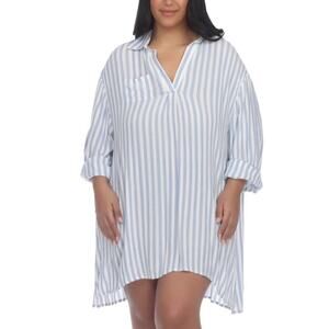 Raviya Women's Chambray Blue Plus Size Striped Tunic Shirt Cover-Up Size 2X